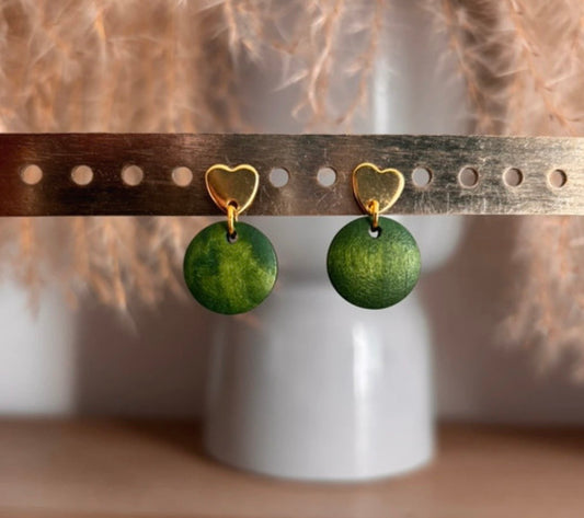 Puces d'Oreilles Cœur Doré & Pendentif Bois Vert | Bohème Nature | Acier 316L