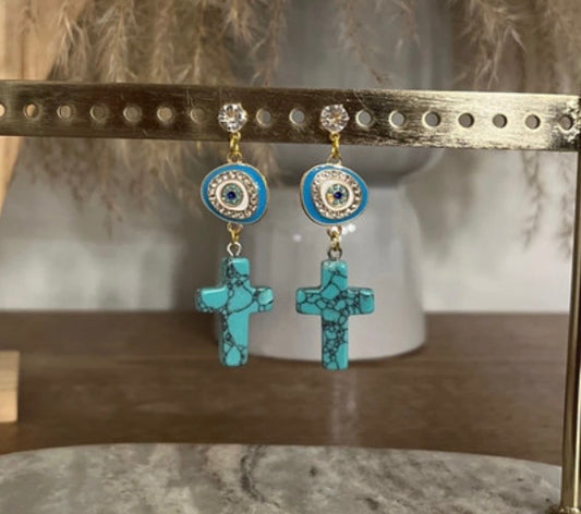 Clous d'Oreilles Dorés Pierre Naturelle Turquoise & Mauvais Œil | Talisman Protecteur | Acier 316L