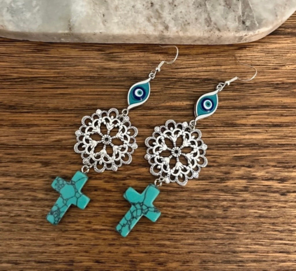 Boucles d'Oreilles Pendantes Turquoise & Mauvais Œil – Talisman Protecteur Bohème