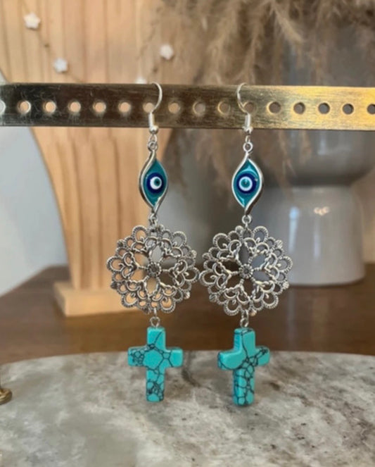 Boucles d'Oreilles Pendantes Turquoise & Mauvais Œil – Talisman Protecteur Bohème