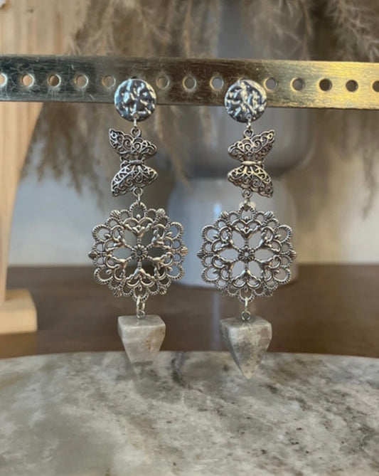 Boucles d'Oreilles Pendantes Pierre de Lune, Papillon & Fleur Bohème – Acier Inoxydable