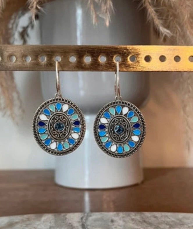 Boucles d'Oreilles Dormeuses Argentées & Pendentif Turquoise Marine – Style Bohème Estival