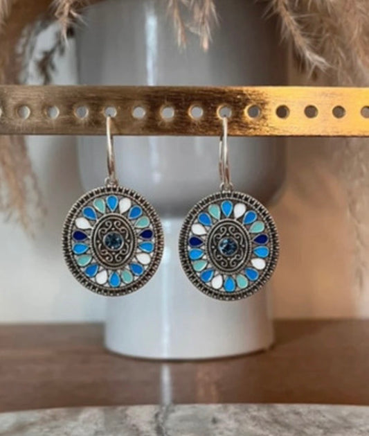 Boucles d'Oreilles Dormeuses Argentées & Pendentif Turquoise Marine – Style Bohème Estival