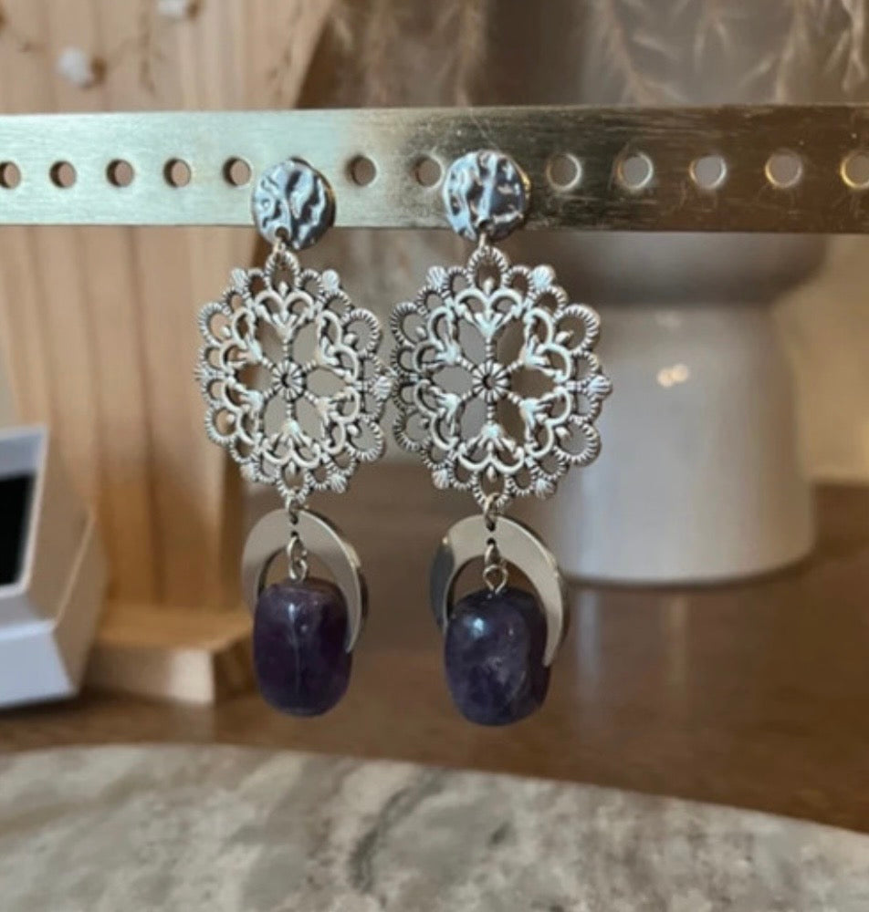 Boucles d'Oreilles Puces Argentées Améthyste, Croissant de Lune & Fleur Bohème – Acier Inoxydable