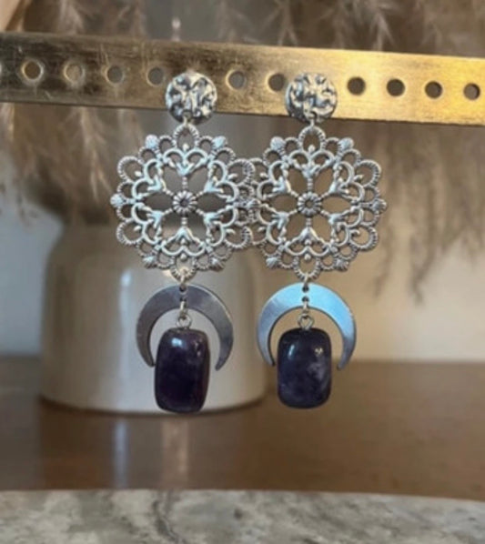 Boucles d'Oreilles Puces Argentées Améthyste, Croissant de Lune & Fleur Bohème – Acier Inoxydable