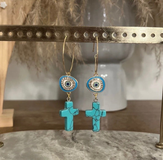 Créoles Dorées Turquoise Naturelle & Mauvais Œil – Talisman Protecteur | Acier 316L