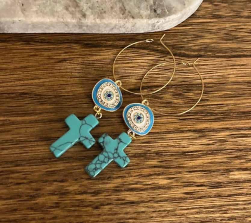 Créoles Dorées Turquoise Naturelle & Mauvais Œil – Talisman Protecteur | Acier 316L