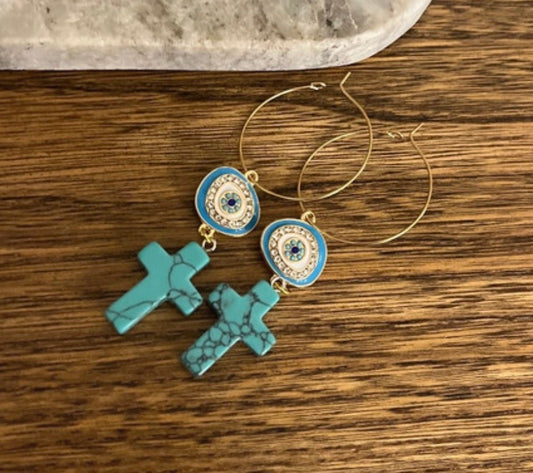 Créoles Dorées Turquoise Naturelle & Mauvais Œil – Talisman Protecteur | Acier 316L
