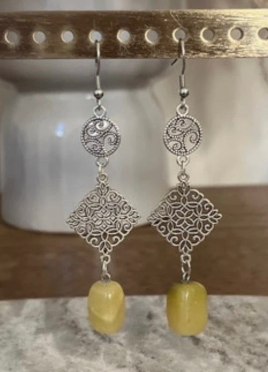 Boucles d'oreilles Jade Vert | Pendantes Argentées Bohème | Pierre Naturelle Lithothérapie