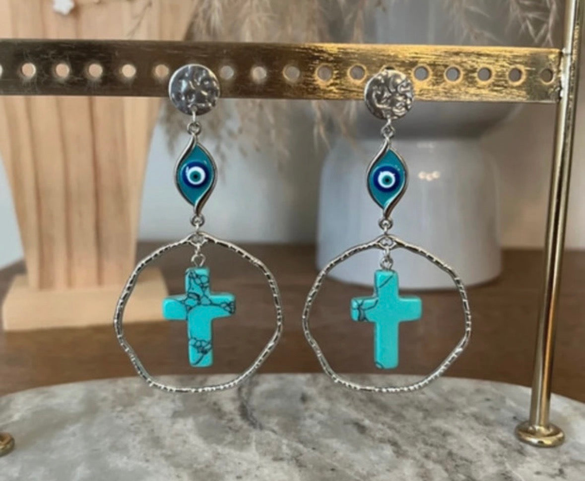 Puces d'oreilles Turquoise Naturelle | Mauvais Œil Talisman Protecteur | Bijou Bohème Spirituel