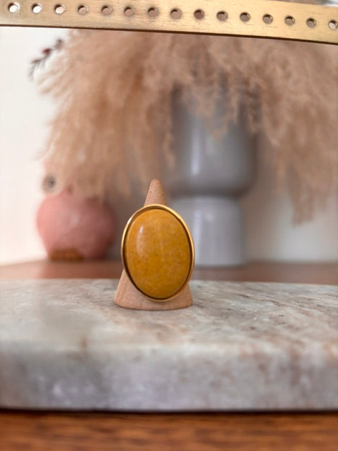 Bague Ambre Jaune – Pierre Naturelle Solaire | Monture Dorée Ajustable Inoxydable