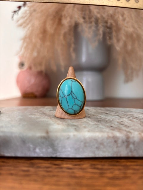 Bague Dorée Ajustable – Pierre Naturelle Turquoise | Cabochon 18x25mm | Talisman Protection