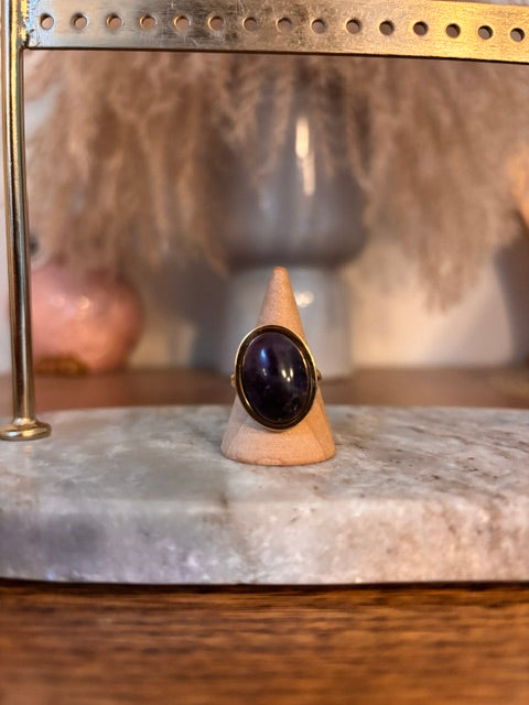 Bague Dorée Ajustable Pierre Améthyste Naturelle – Acier Inoxydable