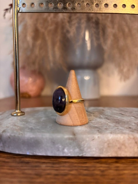 Bague Dorée Ajustable Pierre Améthyste Naturelle – Acier Inoxydable