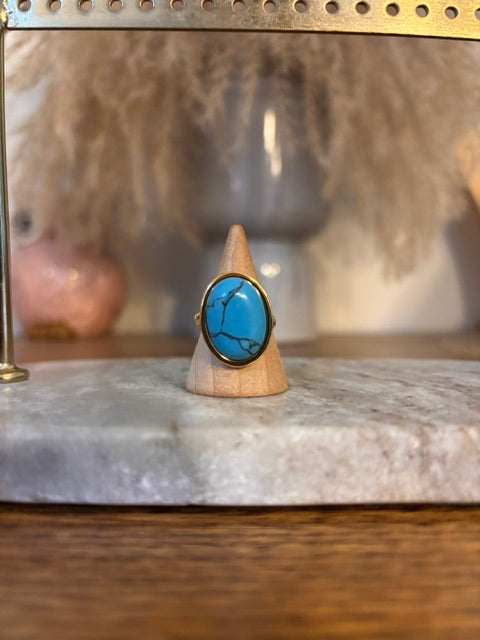 Bague Ajustable Dorée Turquoise Naturelle Striée | Cabochon 13x18 mm | Acier Inoxydable | PAPD