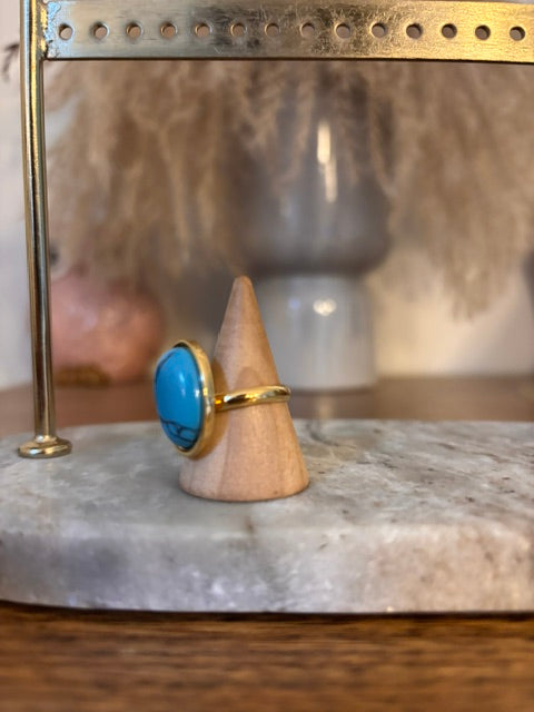 Bague Ajustable Dorée Turquoise Naturelle Striée | Cabochon 13x18 mm | Acier Inoxydable | PAPD