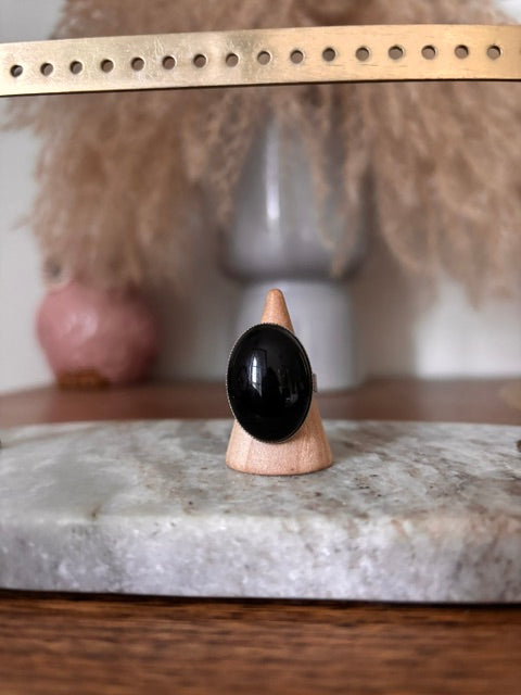 Bague Argentée Ajustable Pierre Obsidienne Noire Naturelle – Acier Inoxydable