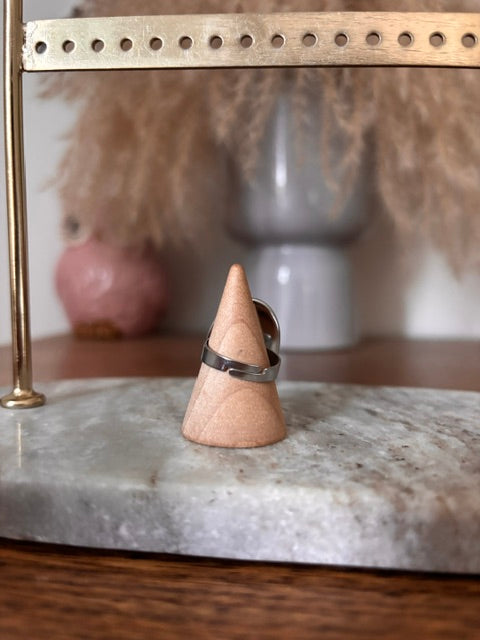 Bague Argentée Ajustable Pierre Obsidienne Noire Naturelle – Acier Inoxydable