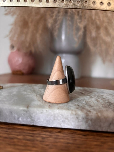Bague Argentée Ajustable Pierre Agate Mousse Naturelle – Acier Inoxydable