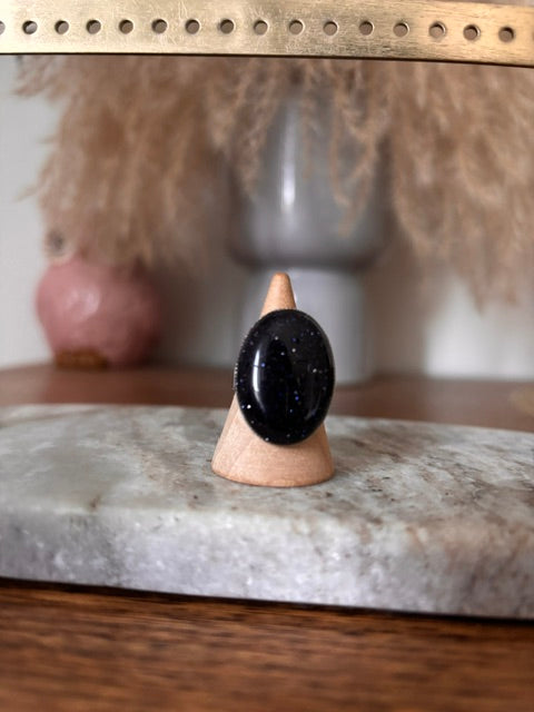 Bague Argentée Ajustable Pierre Sable Bleu Naturelle – Acier Inoxydable