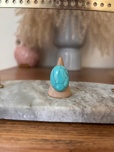Bague Argentée Ajustable Pierre Turquoise Naturelle – Acier Inoxydable