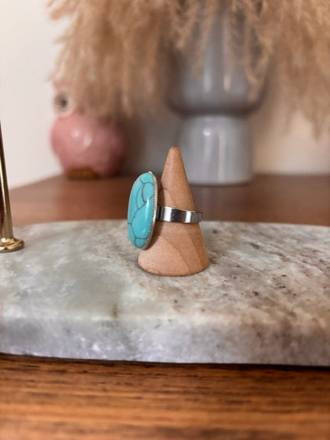 Bague Argentée Ajustable Pierre Turquoise Naturelle – Acier Inoxydable