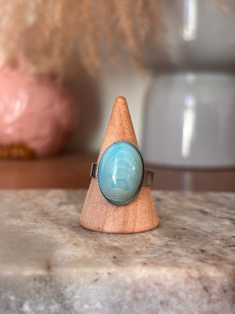 Bague Aventurine Bleue – Pierre Naturelle Cabochon & Monture Argentée Ajustable Acier Inoxydable