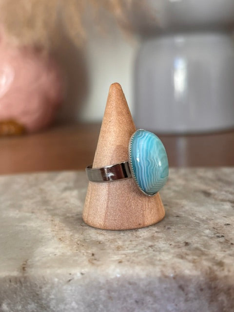 Bague Aventurine Bleue – Pierre Naturelle Cabochon & Monture Argentée Ajustable Acier Inoxydable