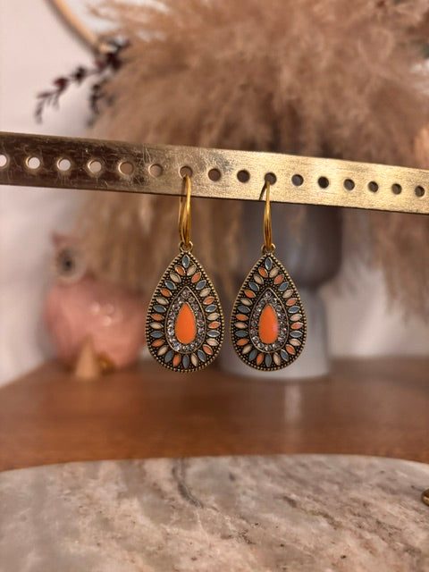 Boucles d'oreilles Dormeuses Dorées – Pendentif Géométrique Multicolore Bohème Chic Acier Inoxydable