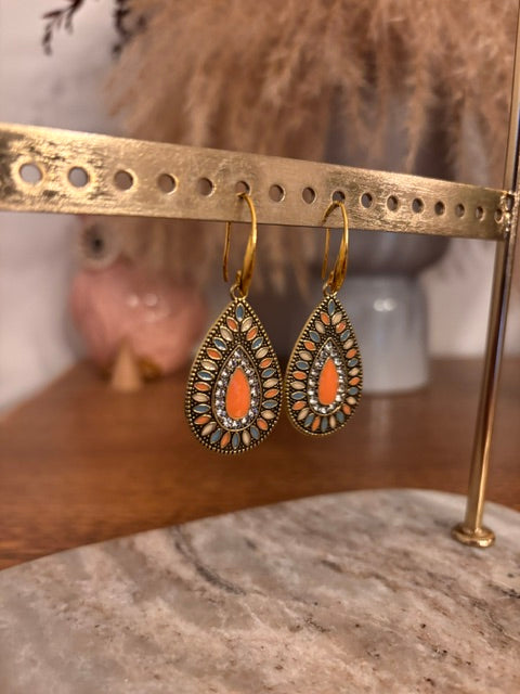 Boucles d'oreilles Dormeuses Dorées – Pendentif Géométrique Multicolore Bohème Chic Acier Inoxydable