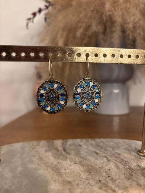 Boucles d'oreilles Dormeuses Argentées – Pendentif Géométrique Multicolore Bleu Bohème Acier Inoxydable