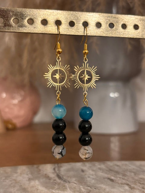 Boucles d'oreilles Soleil Doré Filigrane & Pierres Naturelles | Agate, Obsidienne, Onyx