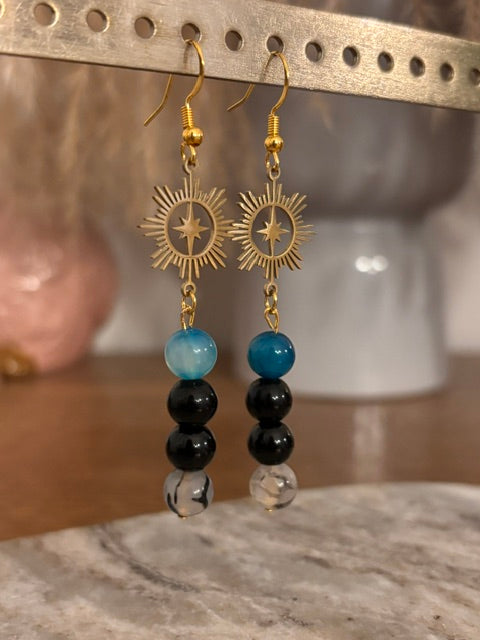 Boucles d'oreilles Soleil Doré Filigrane & Pierres Naturelles | Agate, Obsidienne, Onyx