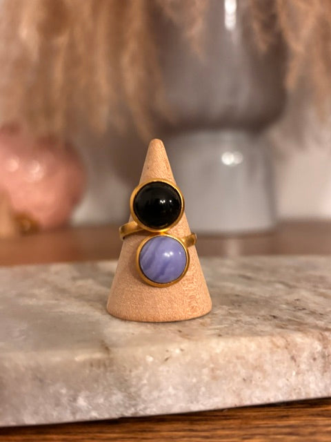 Bague Double Dorée Ajustable | Cabochons Obsidienne Noire & Calcédoine Bleue | Acier Inoxydable