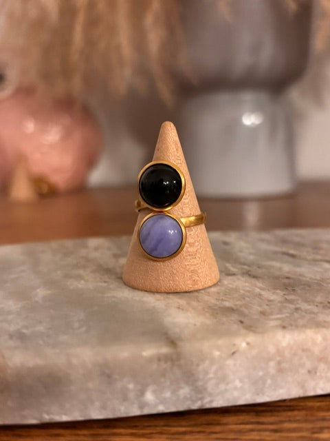 Bague Double Dorée Ajustable | Cabochons Obsidienne Noire & Calcédoine Bleue | Acier Inoxydable