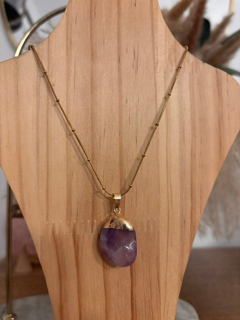 Collier Améthyste Naturelle – Chaîne Perlée Dorée Inoxydable & Monture Dorée | PAPD