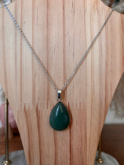 Collier Aventurine Verte Goutte | Chaîne Argentée Inoxydable 44 cm — Bijou Lithothérapie