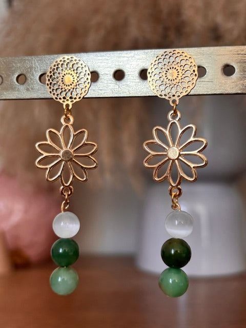 Boucles d'oreilles Fleur Bohème Dorée | Nacre, Calcédoine Verte & Agate Paon — Bijou Lithothérapie