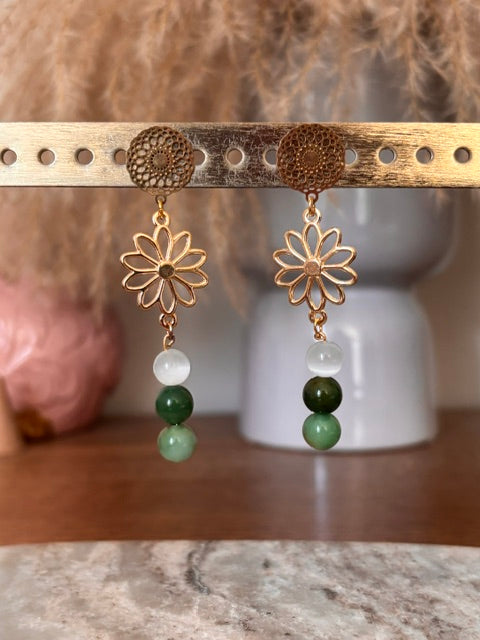 Boucles d'oreilles Fleur Bohème Dorée | Nacre, Calcédoine Verte & Agate Paon — Bijou Lithothérapie