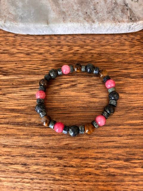 Bracelet Perles Pierres Naturelles 8 mm – Œil de Tigre, Rhodonite, Larvikite & Serpentine | Élastique Unisexe | Lithothérapie