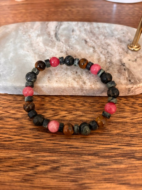 Bracelet Perles Pierres Naturelles 8 mm – Œil de Tigre, Rhodonite, Larvikite & Serpentine | Élastique Unisexe | Lithothérapie