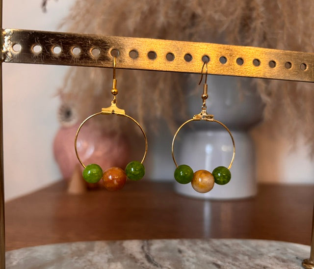 Boucles d’oreilles Calcédoine, Agate Paon & Topaze Jaune – Perles 8-10mm Anneau Doré | PAPD