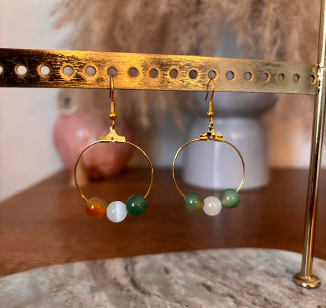 Boucles d’oreilles Agate Paon & Nacre Naturelle – Perles 8mm Anneau Doré | PAPD