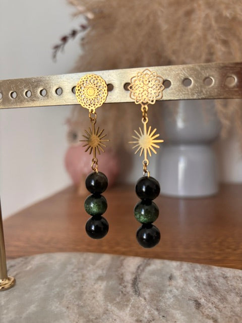 Boucles Dépareillées Soleil Filigrane Doré & Obsidienne – Perles 8mm | 6cm | PAPD