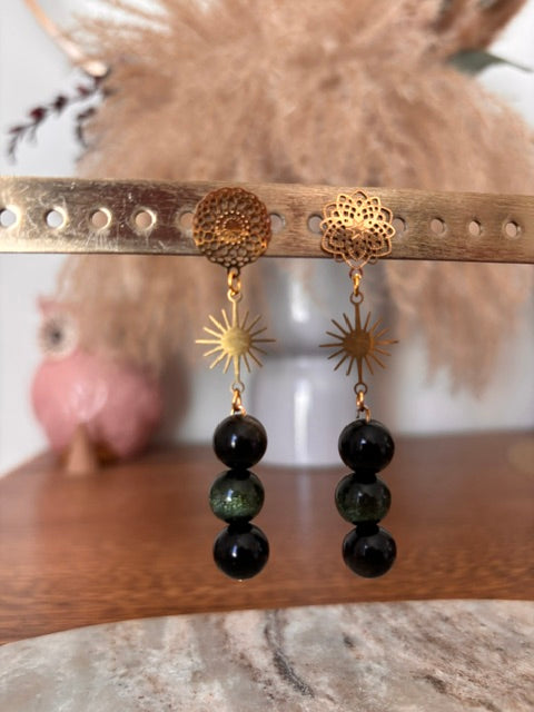 Boucles Dépareillées Soleil Filigrane Doré & Obsidienne – Perles 8mm | 6cm | PAPD