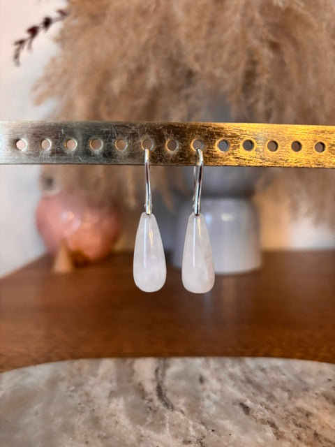 Boucles d'oreilles dormeuses Quartz Rose | Pierre naturelle larme | Acier inoxydable argenté