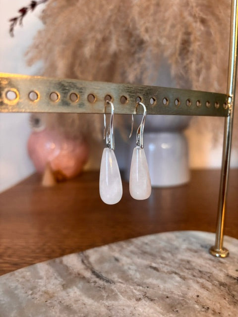 Boucles d'oreilles dormeuses Quartz Rose | Pierre naturelle larme | Acier inoxydable argenté