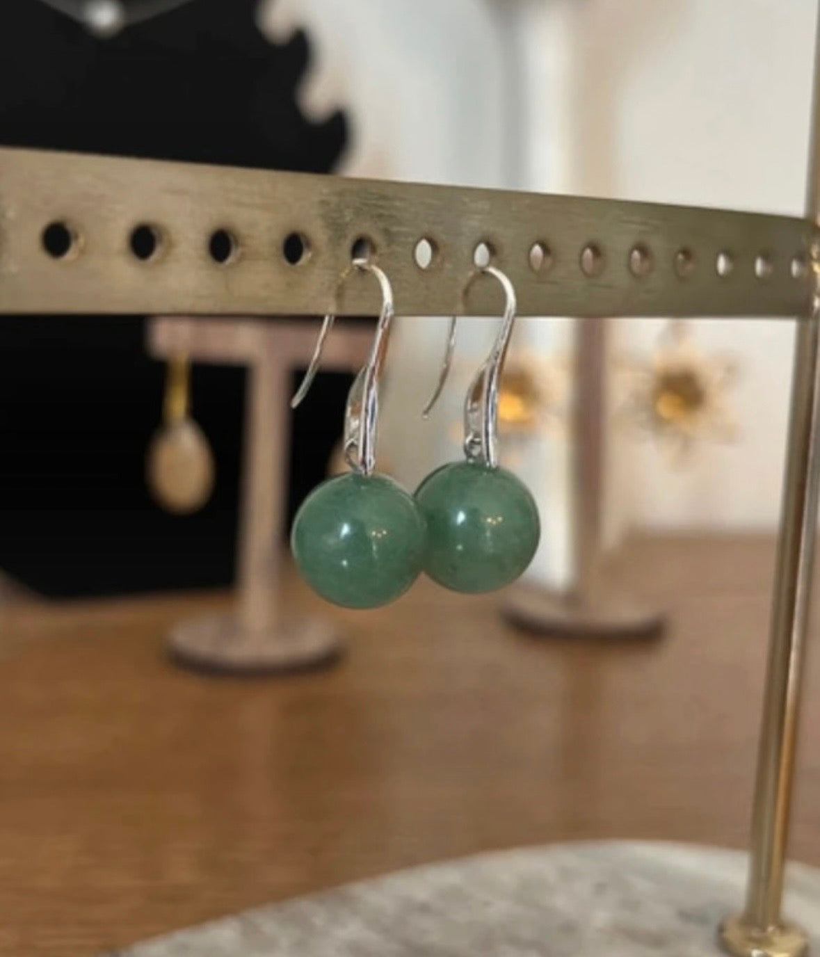 Boucles d'oreilles dormeuses Aventurine verte | Argent inoxydable | Pierre naturelle