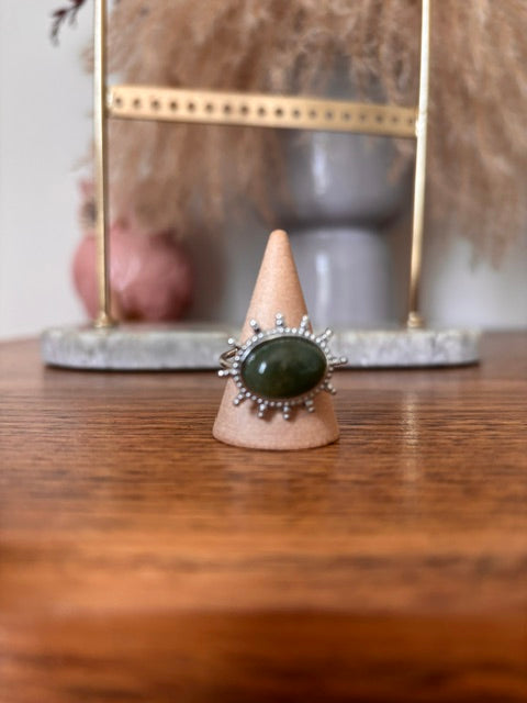 Bague Soleil Œil – Aventurine Verte & Acier Inoxydable Ajustable – Fait Main France