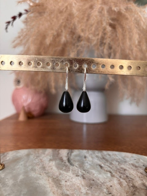Boucles d'Oreilles Dormeuses Obsidienne Noire | Pierre Naturelle | Acier Inoxydable Argenté